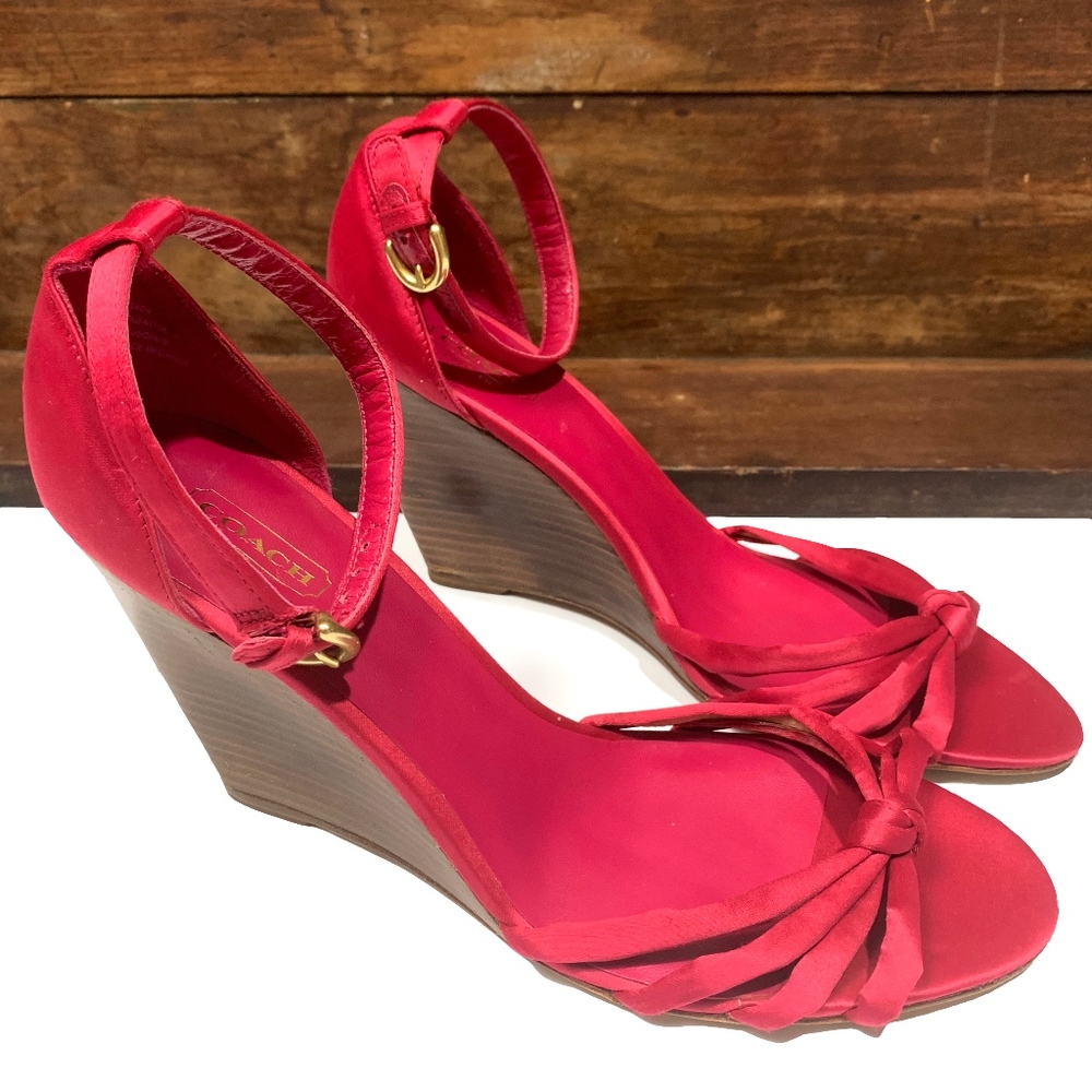 Coach Red Ankle Strap Wedge Sandals